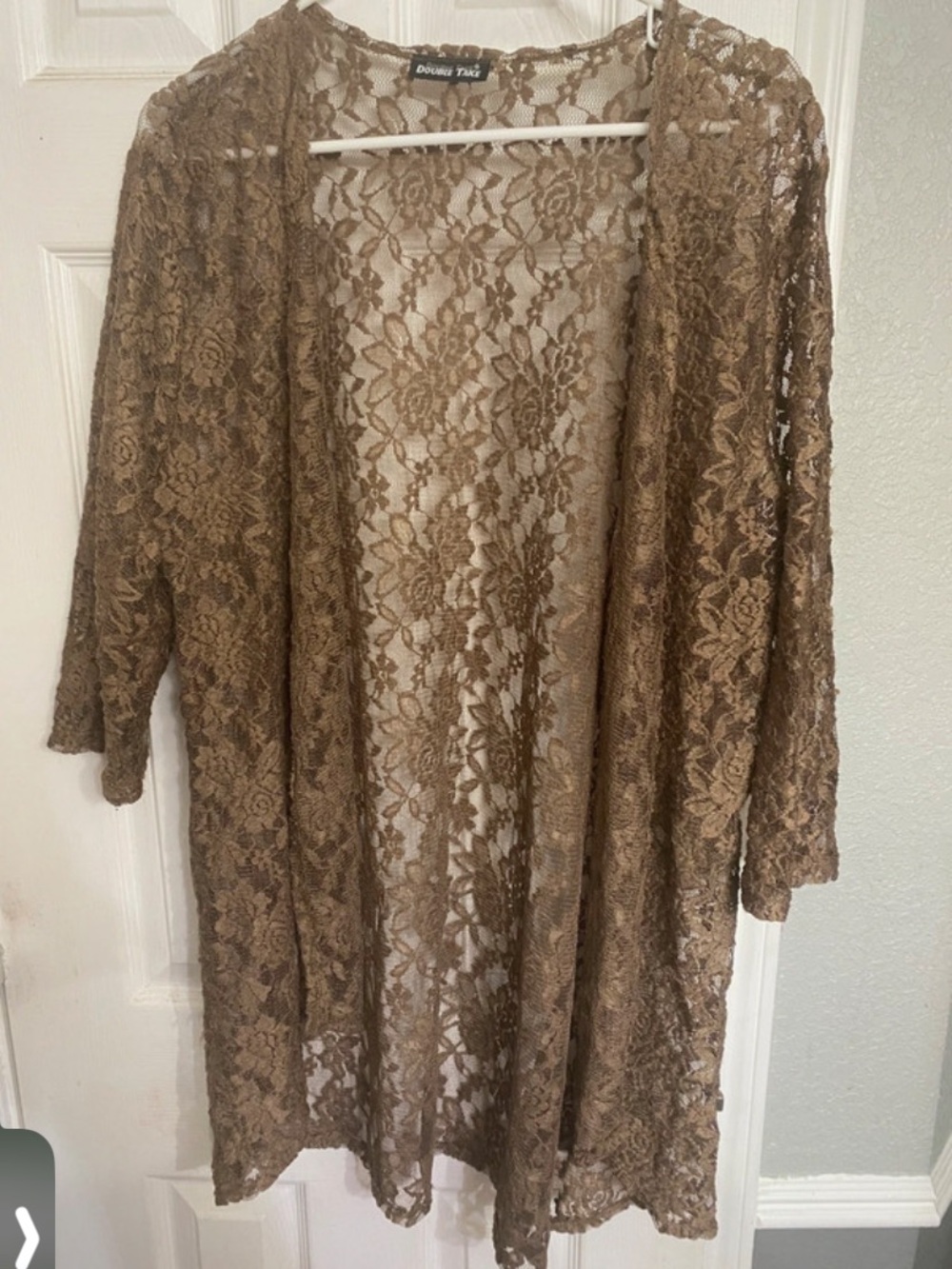 Double Take Sheer Lace Kimono Robe in Taupe